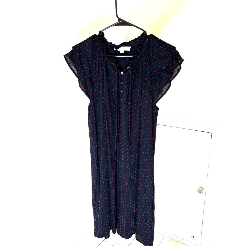 Loft EUC Women's Black Flutter Sleeve Blue Red Swiss Dot A-Line Dress Size S